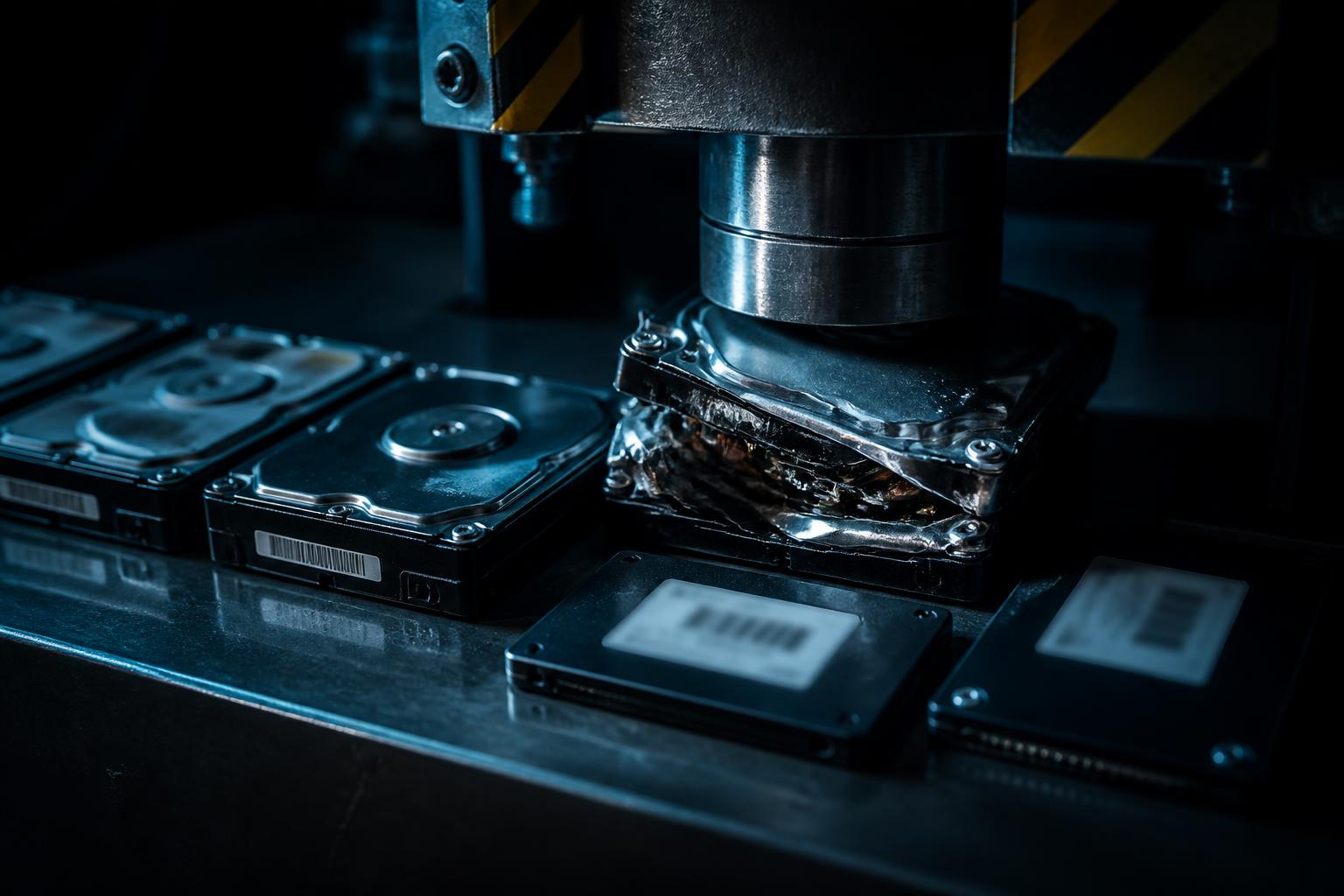Hard drives staged for crushing at a secure data destruction station