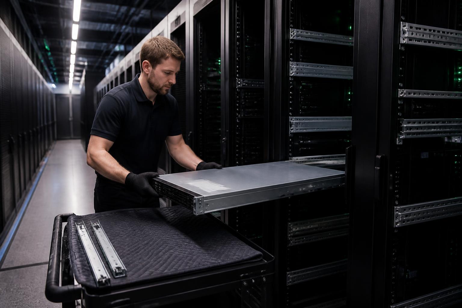 Technician removing a rack server during a data center decommission